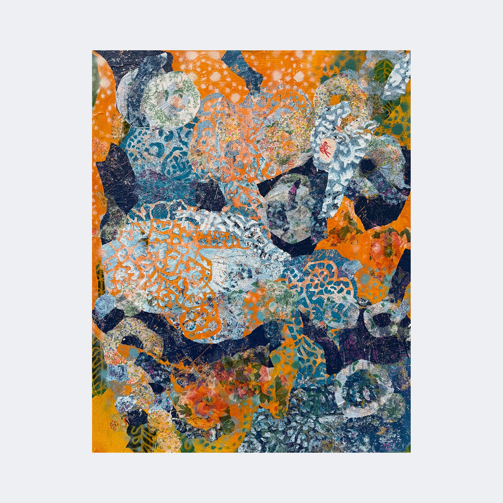 The artwork "For One Seed You Get A Whole Wilderness" by Rebecca Darlington features an abstract composition with layered organic shapes and intricate patterns in shades of orange, teal, navy, and white. The textured design resembles natural forms and cellular structures, evoking a sense of growth and wilderness, reminiscent of patterns found in the works of Joan Mitchell and Gerhard Richter.