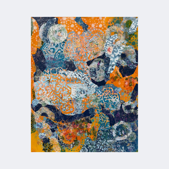 The artwork "For One Seed You Get A Whole Wilderness" by Rebecca Darlington features an abstract composition with layered organic shapes and intricate patterns in shades of orange, teal, navy, and white. The textured design resembles natural forms and cellular structures, evoking a sense of growth and wilderness, reminiscent of patterns found in the works of Joan Mitchell and Gerhard Richter.