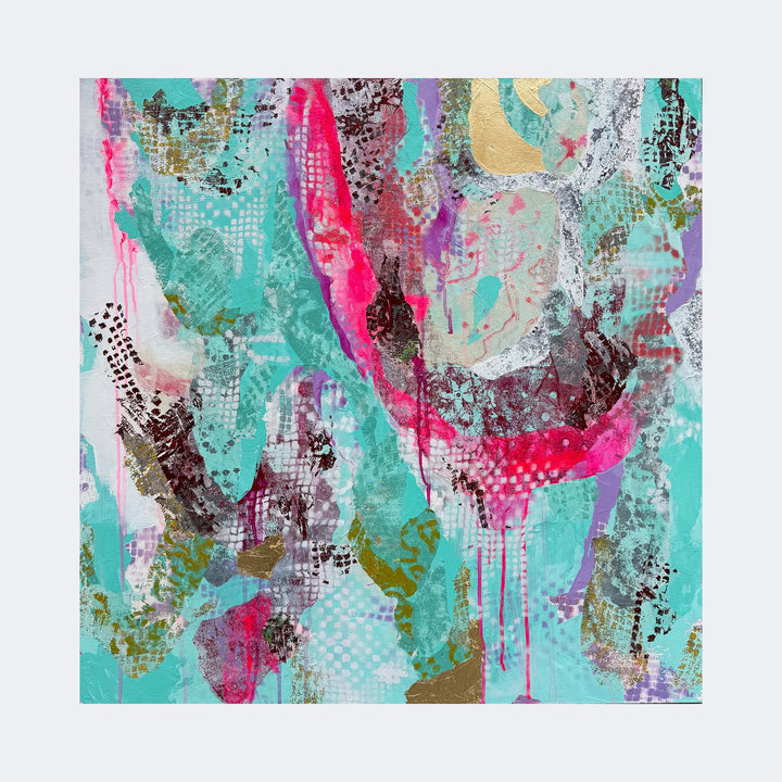 The artwork "Grace" by Rebecca Darlington features an abstract composition with flowing shapes and organic textures in vibrant teal, pink, gold, and muted purple hues. Layers of paint drip and overlap, evoking a dynamic, textured surface reminiscent of works by Helen Frankenthaler and Cy Twombly, blending fluidity and expressive mark-making.