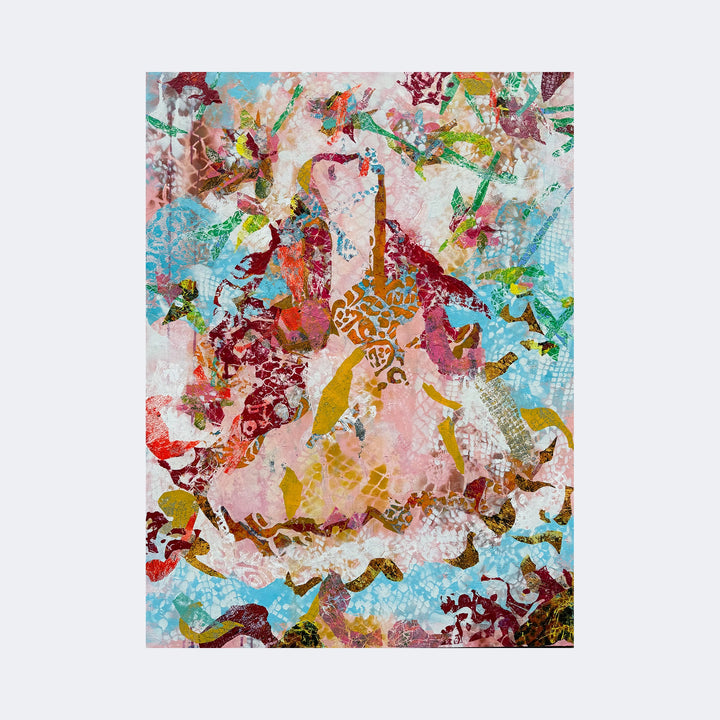 The artwork "Hear Blessings Dropping Their Blossoms Around You" by Rebecca Darlington features an abstract composition with layered textures and vibrant colors including pinks, reds, blues, and golds. The piece combines organic shapes and floral patterns reminiscent of Gustav Klimt’s ornamental style and the fluid forms of Wassily Kandinsky, creating a dynamic, dreamlike visual experience.
