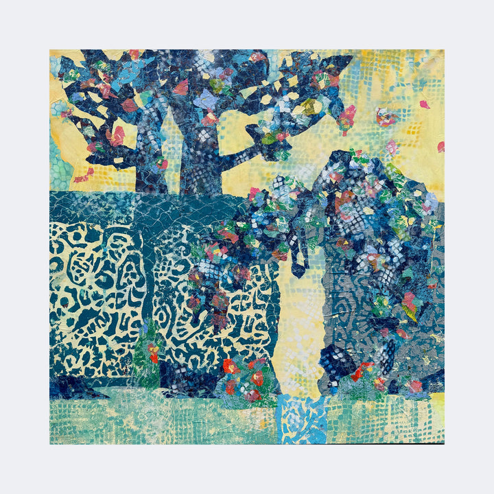 The artwork "In The Palace" by Rebecca Darlington features an abstract composition with tree-like shapes and floral elements rendered in layered textures and patterns. The palette includes deep blues, greens, and soft yellows with hints of red and purple, reminiscent of the collage techniques of Henri Matisse and the textured abstraction of Gustav Klimt.