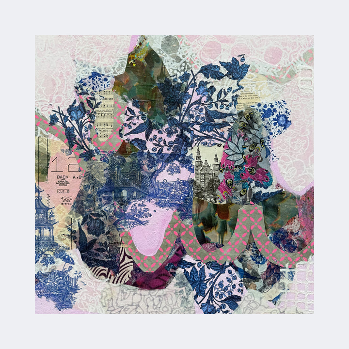 The artwork "Once Upon A Time" by Rebecca Darlington features a layered collage of botanical and architectural motifs in deep blues, pinks, and greens. Delicate floral patterns intertwine with vintage sheet music and pastel lace textures, evoking a dreamy, whimsical style reminiscent of Henri Matisse’s cut-outs and Gustav Klimt’s ornamental approach.