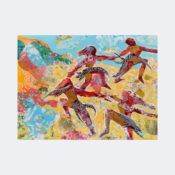 The artwork "There Are Guides Who Show You The Way" by Rebecca Darlington features dynamic, abstract human figures in motion, painted with vibrant reds, browns, and blacks against a textured background of layered blues, oranges, and yellows. The style evokes elements of Aboriginal art and the expressive movement found in works by artists like Jean-Michel Basquiat and Henri Matisse, blending organic shapes and bold patterns with a sense of guidanc