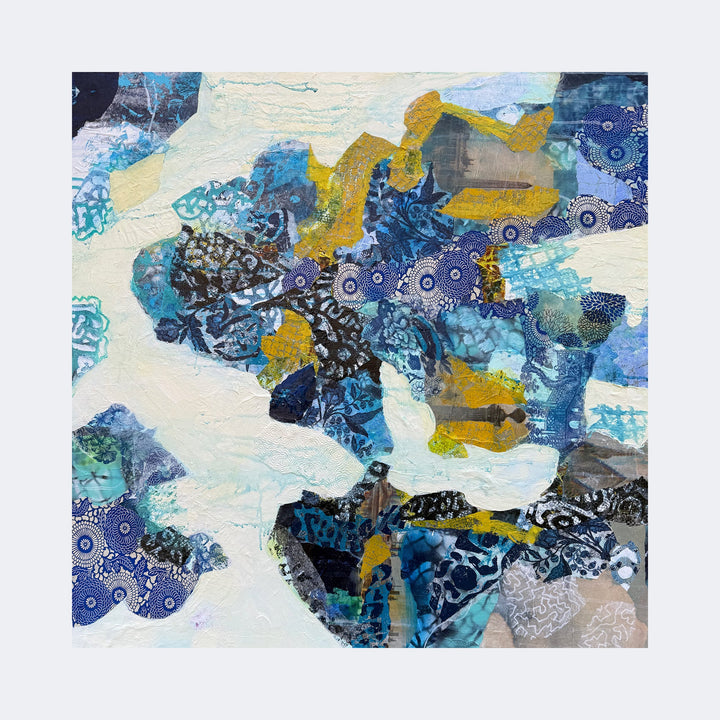 The artwork "They Will Carry Me" by Rebecca Darlington features an abstract collage of layered textures and patterns in shades of blue, white, and mustard yellow. It evokes a sense of movement and depth through organic shapes and intricate fabric-like motifs, reminiscent of the patchwork style seen in works by Henri Matisse and the tactile layering of Kurt Schwitters.
