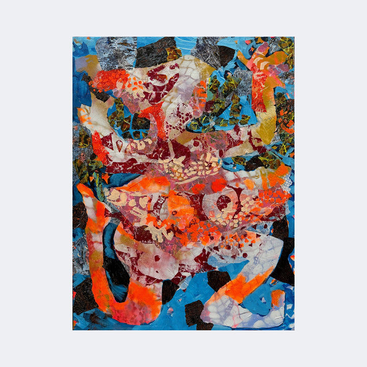 The artwork "Walk In Your Garden" by Rebecca Darlington features an abstract collage of vibrant colors including shades of orange, blue, maroon, and cream. The composition combines organic shapes and layered textures reminiscent of Henri Matisse’s cut-out style with a dynamic, modern expressionist feel similar to works by Wassily Kandinsky.