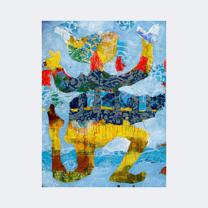The artwork "What Is Your Intention" by Rebecca Darlington features a textured abstract composition with layered colors including blue, yellow, red, and green. The piece combines organic shapes and bird-like forms reminiscent of Henri Matisse’s cut-outs and the vibrant, mixed-media style of Jean-Michel Basquiat.