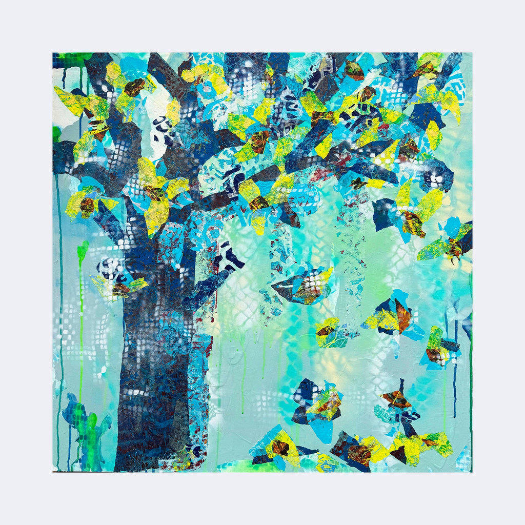 The artwork "Where Are You" by Rebecca Darlington features a vibrant abstract tree with a textured dark blue trunk and branches, adorned with layered collage-like leaves in yellow, turquoise, and blue hues. The background blends soft aqua and teal shades, reminiscent of impressionist and Cubist styles, evoking a dynamic, ethereal atmosphere.
