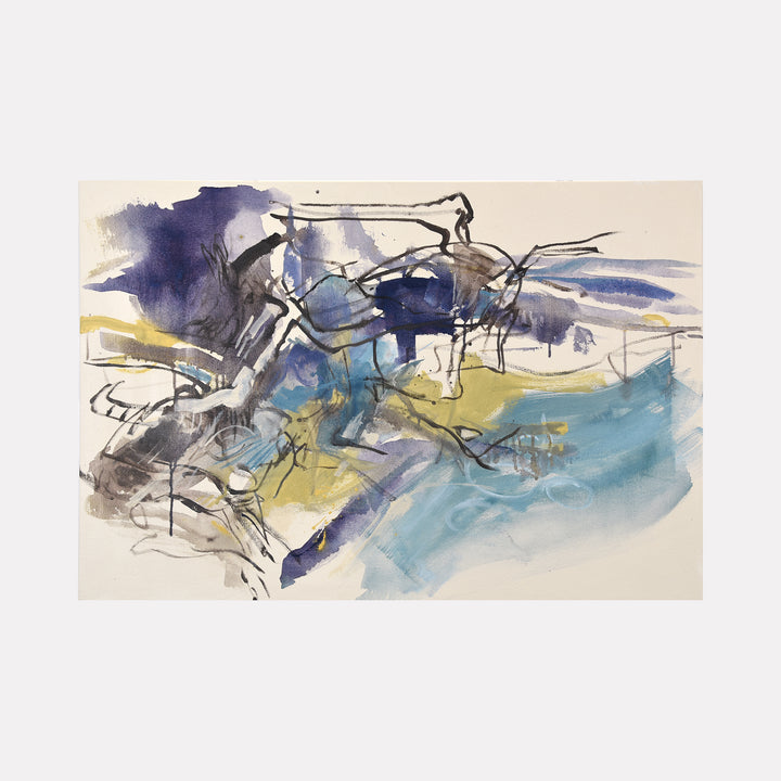 Ashokan by Veronica Lawlor is a Curina art piece featuring loose, flowing brushstrokes in deep blues, soft yellows, and grays, with delicate black lines weaving through an abstract composition that evokes motion and layered depth in a thoughtfully expressive style.