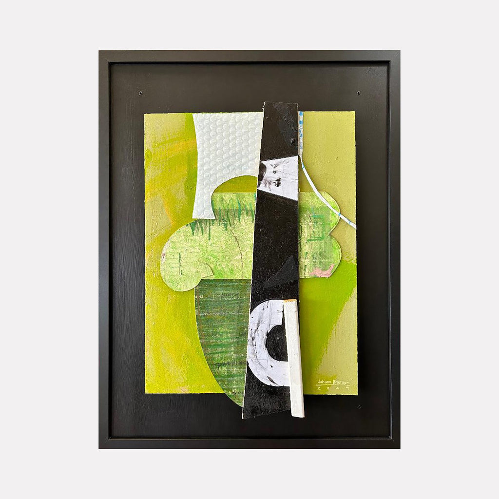 The artwork "Assemblage Series 01" by Jose Johann Bitancor features a layered collage with textured green and yellow backgrounds and bold black and white geometric elements protruding in relief. The abstract composition blends organic and architectural shapes, evoking the mixed-media depth of Kurt Schwitters and the modernist abstraction of Pablo Picasso’s cubist collages.