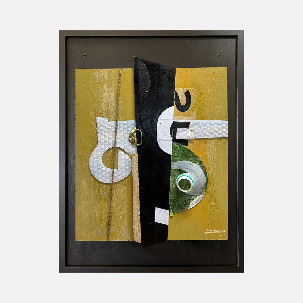 The artwork "Assemblage Series 02" by Jose Johann Bitancor features a mixed media abstract collage with layered geometric shapes in brown, black, white, and green tones. Textured surfaces and dimensional elements contrast against a muted ochre background, evoking the tactile constructions of Kurt Schwitters and the bold graphic style of Pablo Picasso’s cubist compositions.