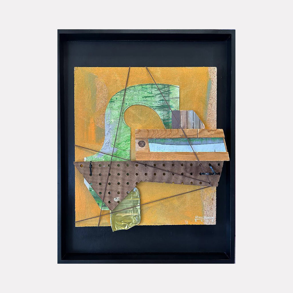 The artwork "Assemblage Series 03" by Jose Johann Bitancor features an abstract mixed-media collage with layered geometric shapes in muted greens, browns, and yellows. Textured materials including wood, perforated metal, and painted surfaces create depth and tension, evoking constructivist influences and the assemblage art of Kurt Schwitters and Joseph Cornell.