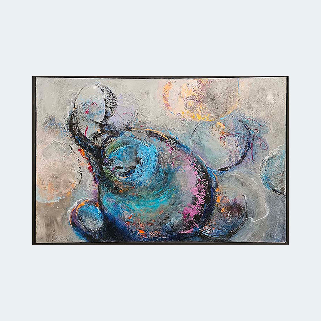 The artwork "Assumptions" by Janyce Erlich-Moss features an abstract composition with swirling blue, turquoise, and purple forms contrasted against a muted beige and gray textured background. The piece evokes the fluidity and movement reminiscent of works by Wassily Kandinsky and Joan Miró, with a modern, expressive use of color and layering that creates depth and intrigue.