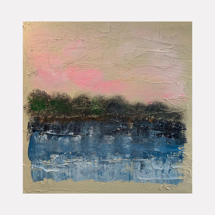 The artwork "At Rest" by Tammy Kushnir features textured layers creating an abstract landscape with earthy beige tones, soft pink and purple hues in the sky, a dense dark green and brown treeline, and a reflective blue water body below, blending impressionistic and contemporary styles with visible brushstrokes and rough surface details.