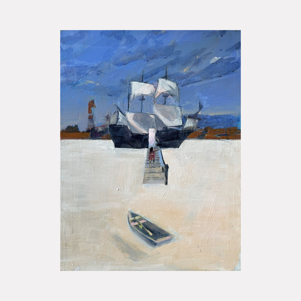 The artwork "Attachment Theory" by Chris Baily features a moody seascape with a large ship with billowing white sails docked against a deep blue sky. A small rowboat rests on the pale, textured shore in the foreground. The layered brushstrokes and muted palette evoke the contemplative stillness of Andrew Wyeth and the atmospheric narrative style of Edward Hopper.