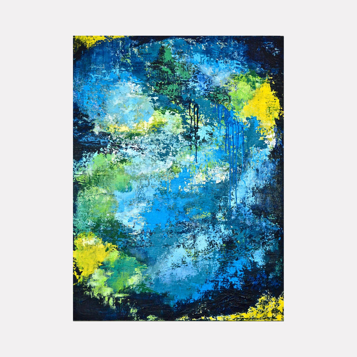 The artwork "Aurora" by Benna Holden features an abstract composition with dynamic splashes and layers of blue, green, and yellow hues. The textured surface evokes the energetic style of Jackson Pollock and the atmospheric color palette reminiscent of Claude Monet’s Impressionism, capturing a vibrant, cosmic-like scene with fluid, organic shapes.