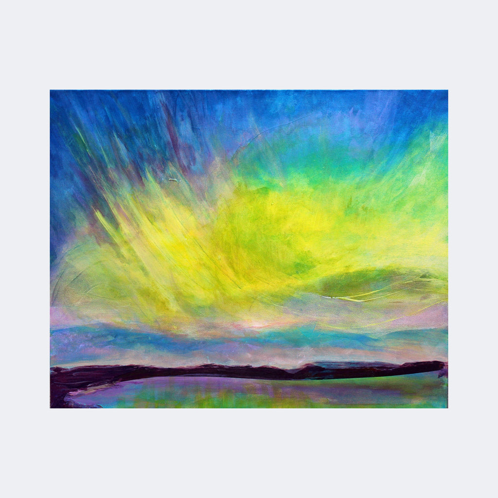 The artwork "Awakening" by Carla Forrest features an abstract landscape with vibrant swirling colors including blues, greens, and yellows, creating a dynamic sky that evokes the style of J.M.W. Turner’s atmospheric paintings. Textured brushstrokes blend softly into a dark horizon line, reminiscent of impressionist and abstract expressionist techniques.