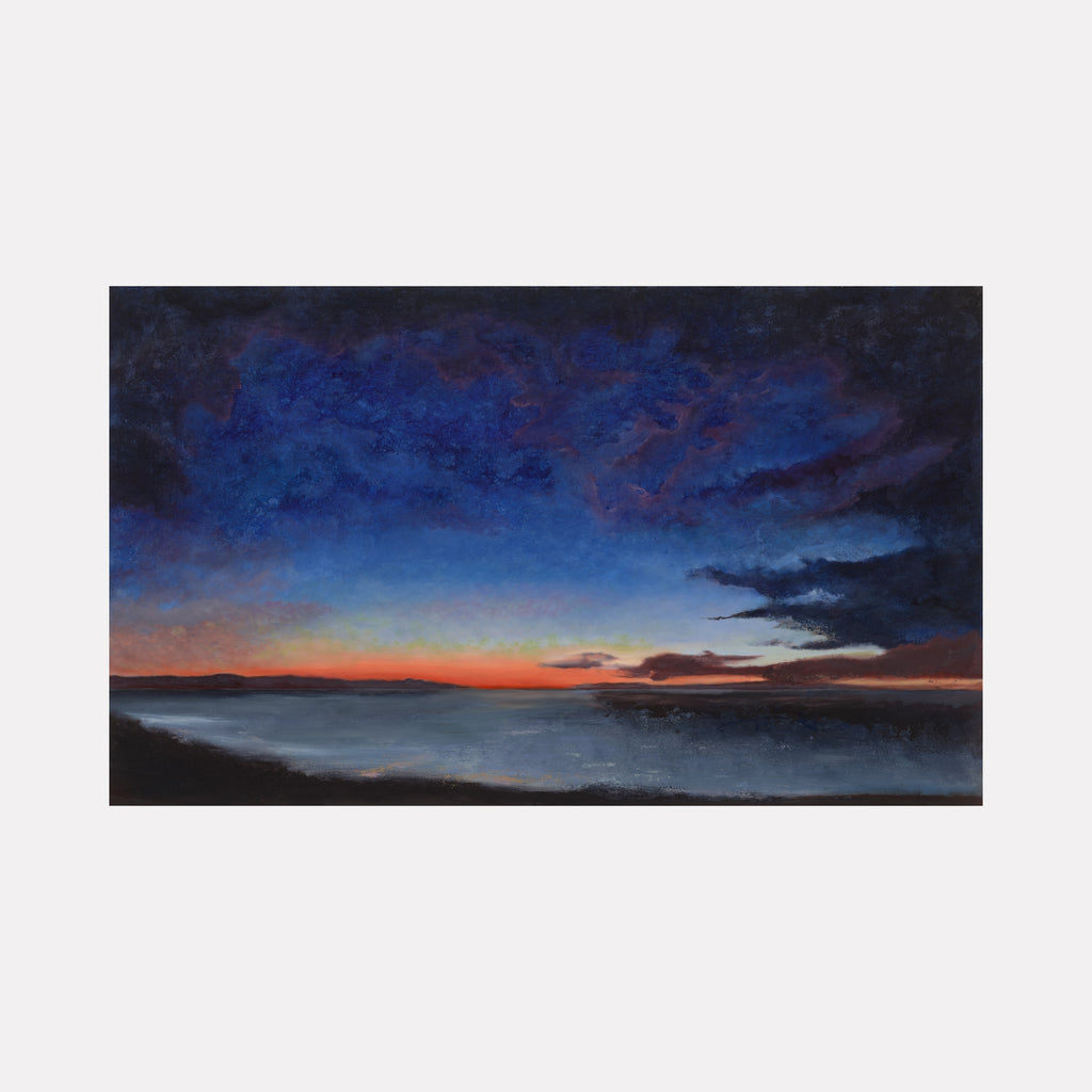 Awakening to Now by Nadia Parsons reveals a vibrant horizon blending deep blues and warm orange tones, capturing the serene transition from night to dawn with rich textures and subtle contrasts in this evocative atmospheric art piece.
