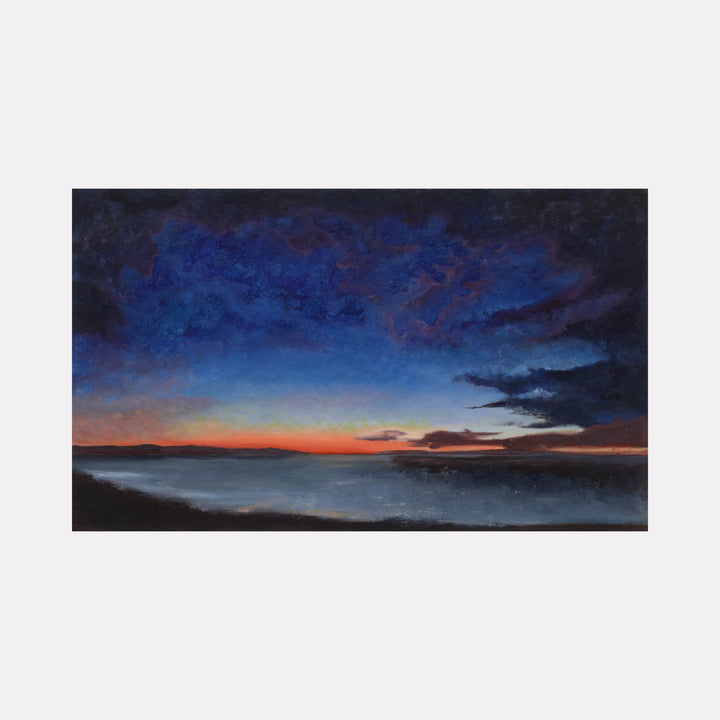 Awakening to Now by Nadia Parsons reveals a vibrant horizon blending deep blues and warm orange tones, capturing the serene transition from night to dawn with rich textures and subtle contrasts in this evocative atmospheric art piece.