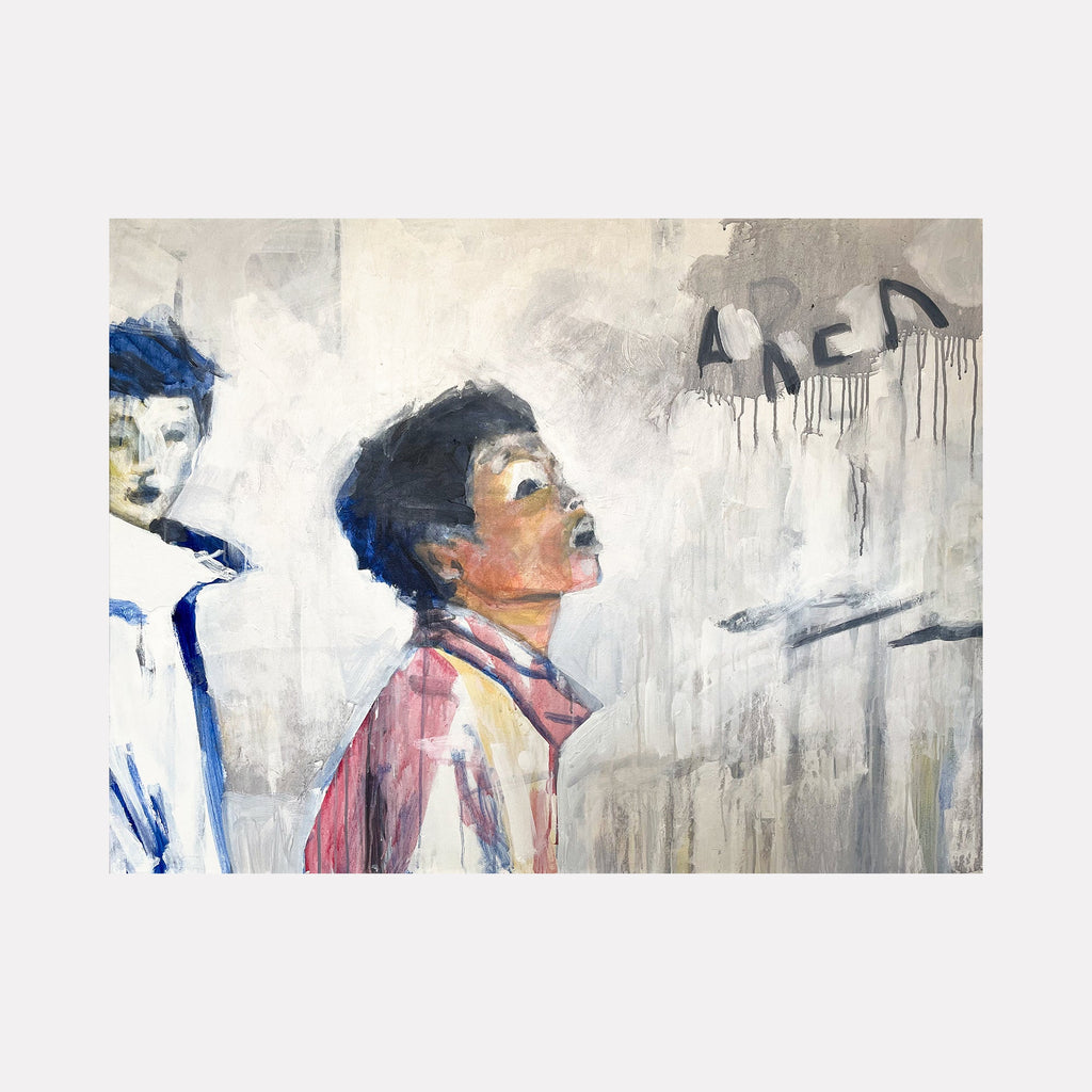 The artwork "Awe" by Chris Baily features two expressive figures rendered in muted tones of gray, white, and soft reds with textured brushstrokes and drips rising from the background. The semi-abstract style, emotional depth, and layered textures evoke the figurative expressionism seen in works by Jean-Michel Basquiat and Egon Schiele.