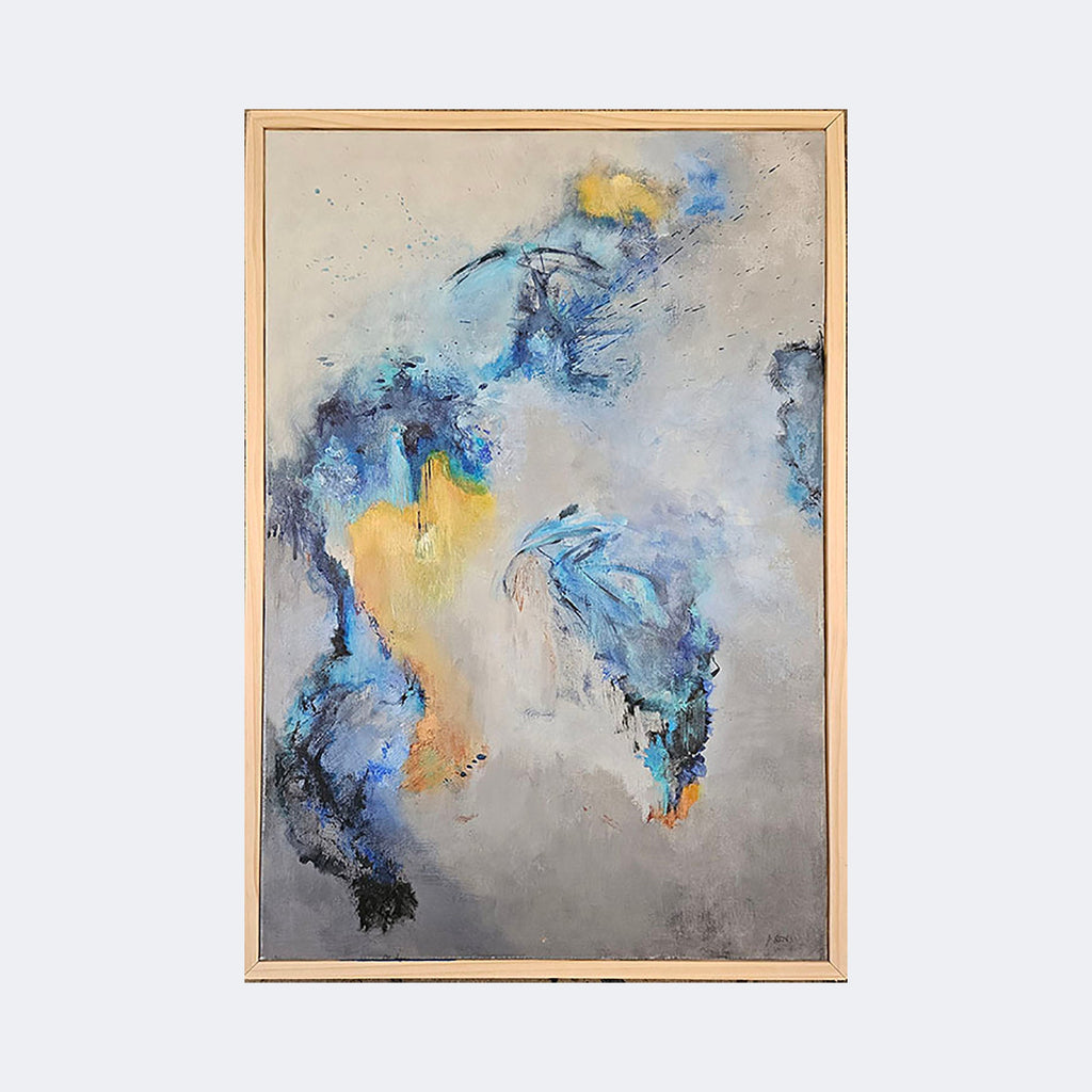 The artwork "Azure Whispers" by Janyce Erlich-Moss features a harmonious blend of soft blues, muted grays, and warm golden hues, creating an ethereal and abstract composition reminiscent of the dreamy styles of Helen Frankenthaler and Gerhard Richter. Fluid brushstrokes and textured layers evoke a sense of movement and depth within a natural wood frame.