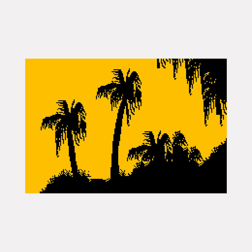 The artwork "BANANA PALMS" by Harold Herb displays silhouetted palm trees rendered in a pixelated, digital style against a vibrant golden yellow backdrop. The composition’s strong contrast and blocky forms recall early video game graphics and the modernist simplifications found in works by David Hockney and digital abstraction pioneers.