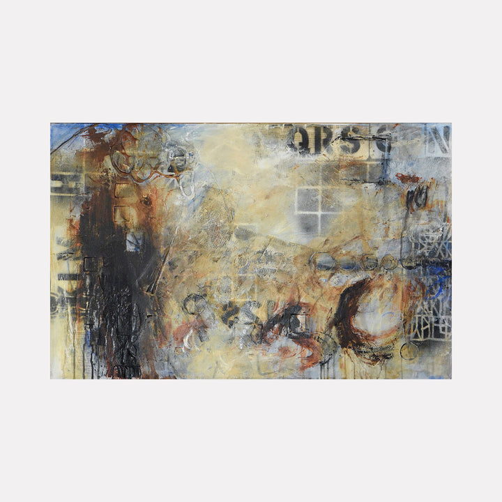 The artwork "BIWT I" by Deborah Chaney features an abstract composition with layered textures and muted earth tones including beige, brown, and black. It incorporates dynamic brushstrokes, drips, and faint grid patterns reminiscent of Cy Twombly and Jean-Michel Basquiat’s expressive street art style, merging chaos with subtle structure.