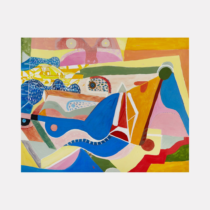 The artwork "BLUE ROCK" by Lisa Warren features a dynamic abstract landscape composed of bold geometric and organic shapes in vibrant blues, reds, yellows, and earth tones. The layered forms and textured brushstrokes evoke a modernist aesthetic reminiscent of Paul Kleeâ€™s playful abstractions and the color contrasts found in Wassily Kandinskyâ€™s compositions.