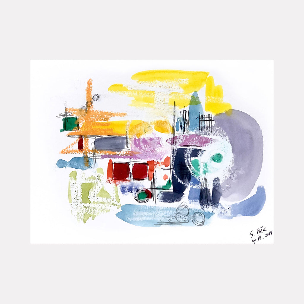 The artwork "BPAMX0083" by Saehyun Paik features an abstract composition of layered washes and textured brushstrokes in vibrant yellows, reds, greens, and blues with touches of gray and purple on a white background. The rhythmic arrangement and fluid marks evoke the playful abstraction of Wassily Kandinsky and the spontaneous brushwork of Helen Frankenthaler.