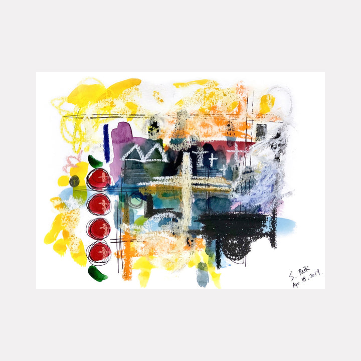 The artwork "BPAMX0084" by Saehyun Paik is a bright, mixed media abstract landscape featuring layered washes and bold brushstrokes in yellows, reds, blacks, and blues. Its textural complexity and interplay of organic and geometric shapes recall the experimental vibrancy of Cy Twombly and the emotive abstraction of Robert Rauschenberg.