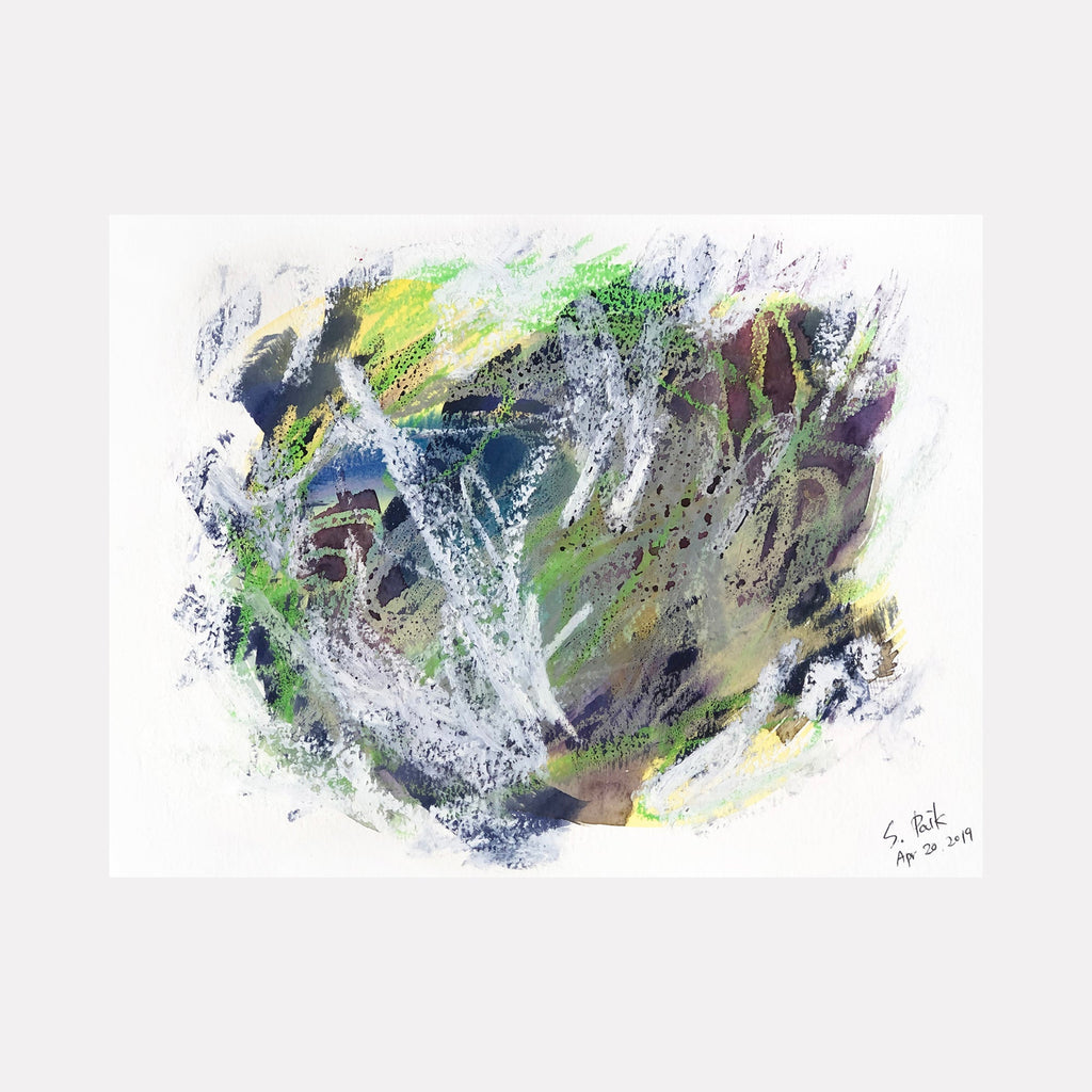 The artwork "BPAMX0085" by Saehyun Paik presents an abstract landscape with swirling layers of cool greens, muted browns, and deep blues intertwined with splashes of white and subtle black speckles. The dynamic texture and layered marks evoke the atmospheric abstraction of Helen Frankenthaler and the organic spontaneity found in Joan Mitchell’s paintings.