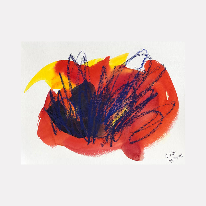 The artwork "BPAMX0088" by Saehyun Paik presents a vibrant abstract landscape with bold, overlapping washes of fiery orange and yellow, contrasted by dynamic, textured black scribbles. The expressive composition evokes the energetic spontaneity of Cy Twombly and the vivid color contrasts found in Helen Frankenthaler's work.