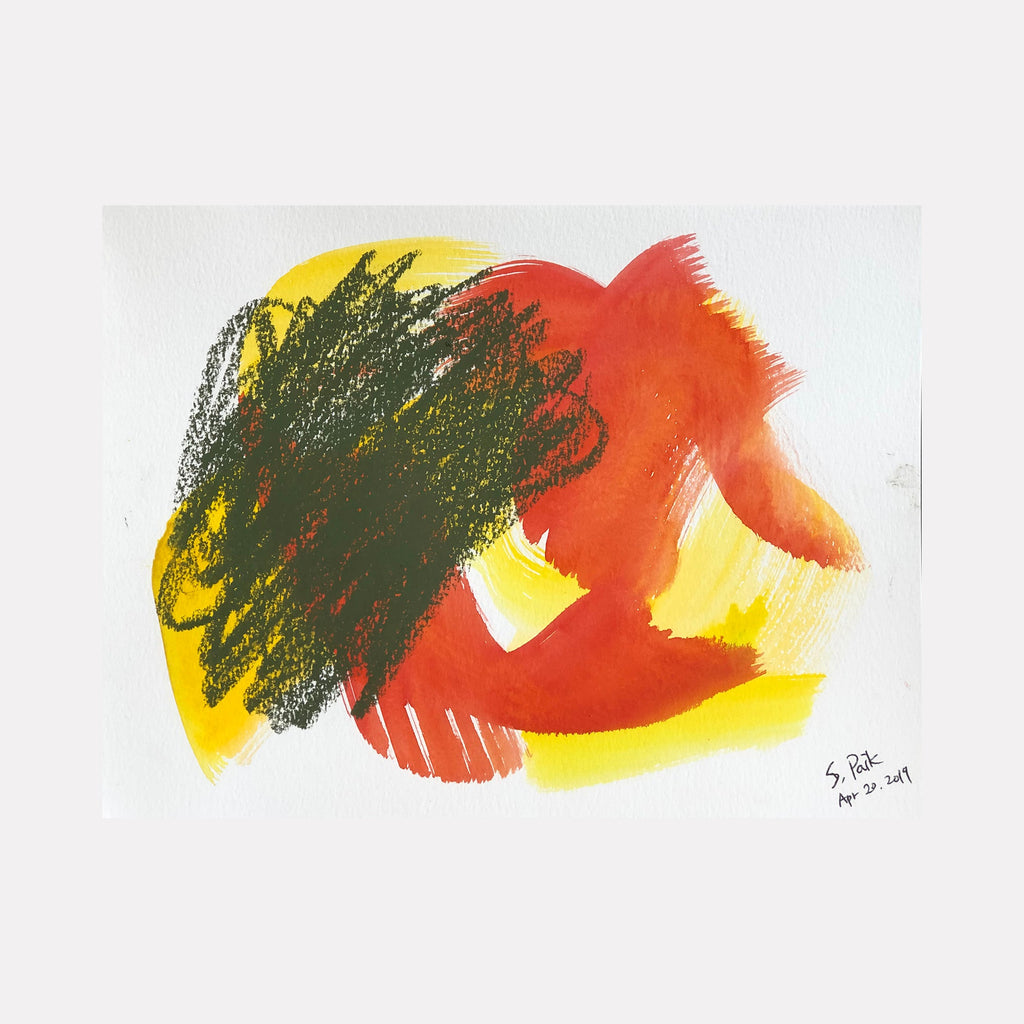 The artwork "BPAMX0089" by Saehyun Paik displays an abstract landscape composed of bold red and orange brushstrokes intertwined with textured black scribbles and washes of vibrant yellow. The mixed media surface evokes the dynamic spontaneity of Joan Mitchell and the color intensity reminiscent of Mark Rothko’s luminous abstractions.