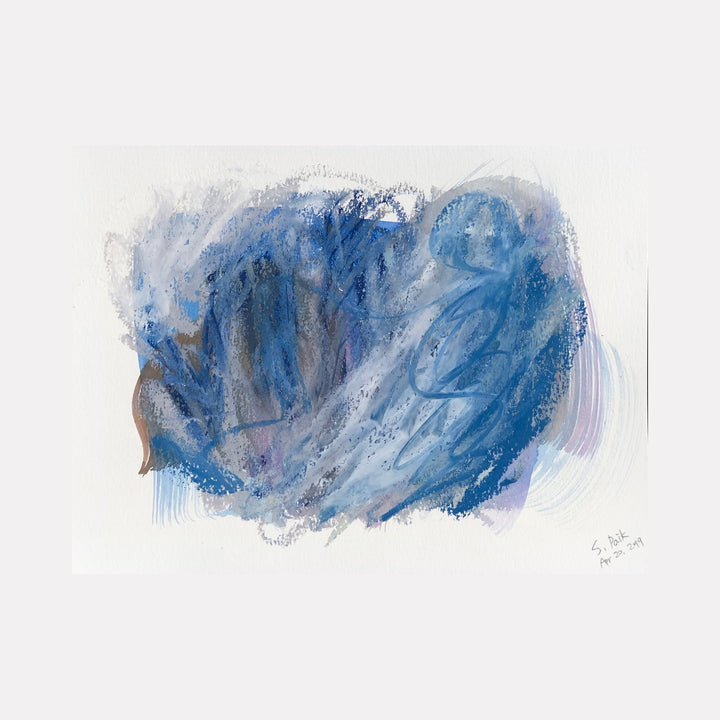 The artwork "BPAMX0090" by Saehyun Paik depicts a moody abstract landscape dominated by swirling shades of deep blue, gray, and subtle hints of cold lavender, textured with layered, sweeping brushstrokes. The composition’s fluid motion and atmospheric palette evoke the introspective abstraction of Mark Rothko and the ethereal qualities of Helen Frankenthaler’s color fields.