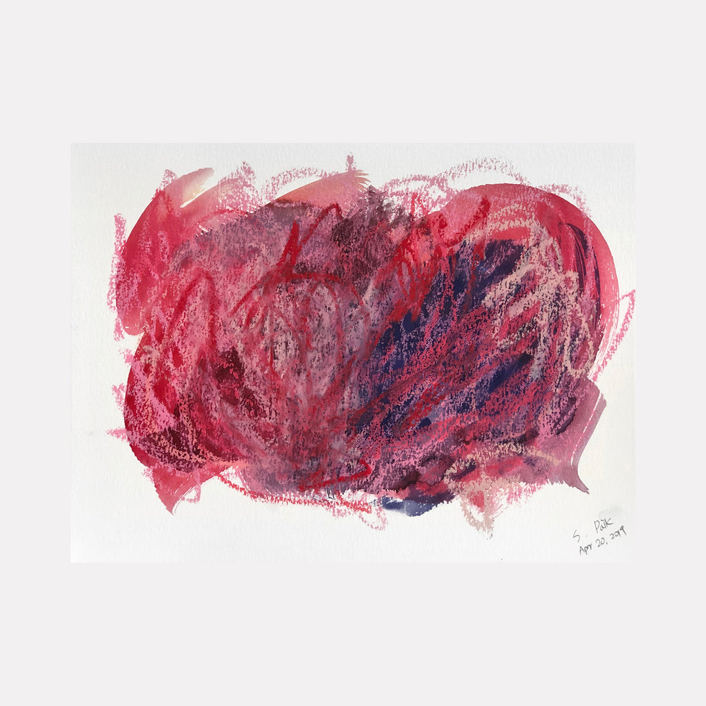 The artwork "BPAMX0091" by Saehyun Paik showcases an abstract expressionist composition in rich pinks, purples, and reds with layered mixed media textures creating a dense, organic form. The spontaneous brushwork and overlapping strokes recall the emotive intensity of Cy Twombly and the color depth found in Helen Frankenthaler’s abstractions.