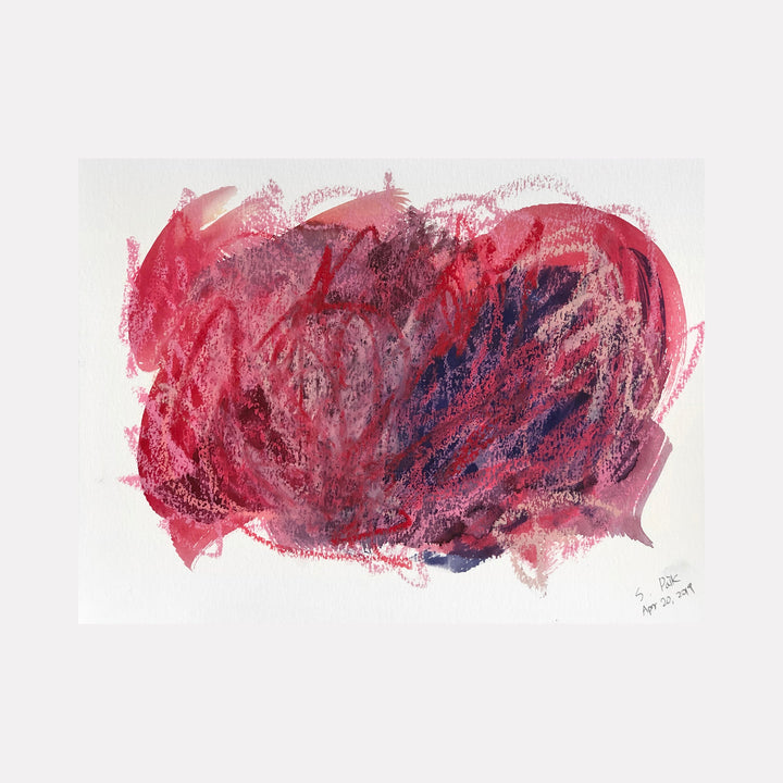 The artwork "BPAMX0091" by Saehyun Paik showcases an abstract expressionist composition in rich pinks, purples, and reds with layered mixed media textures creating a dense, organic form. The spontaneous brushwork and overlapping strokes recall the emotive intensity of Cy Twombly and the color depth found in Helen Frankenthaler’s abstractions.