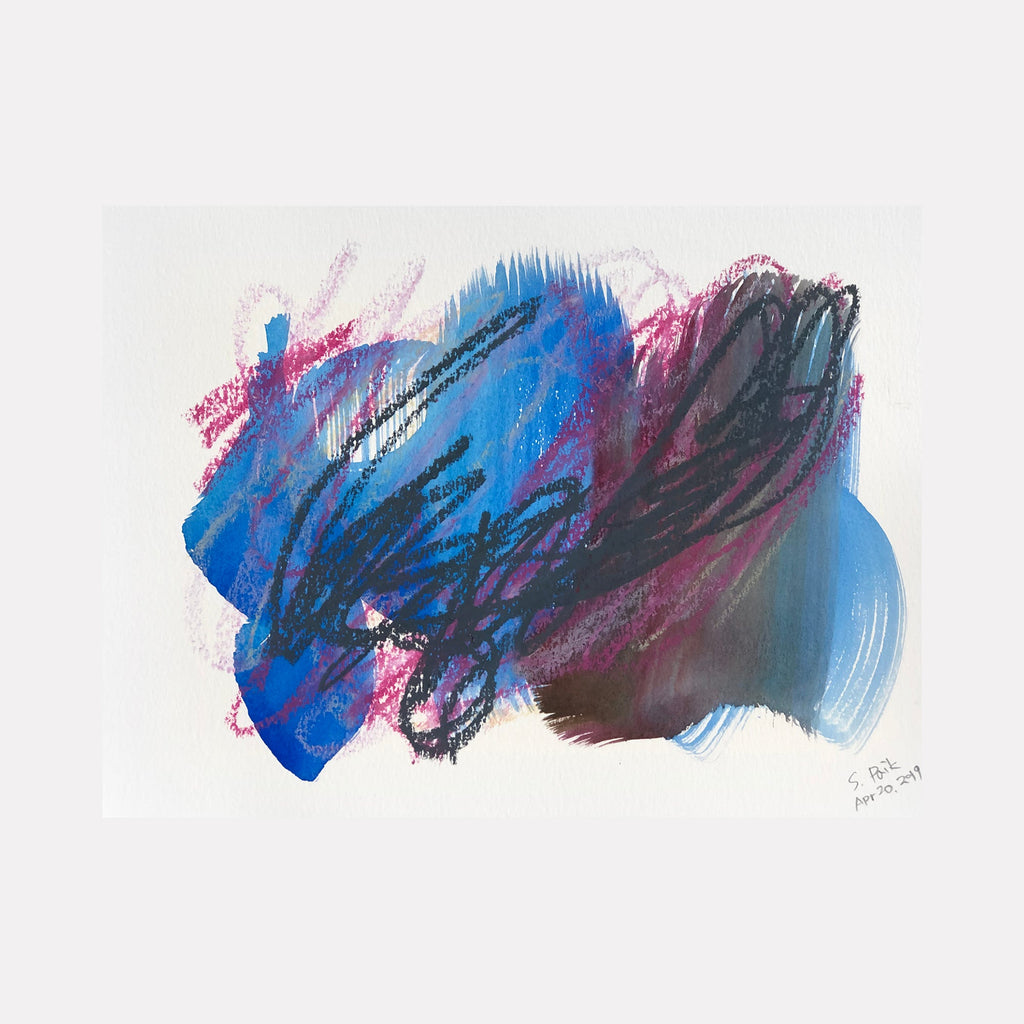 The artwork "BPAMX0092" by Saehyun Paik features a dynamic abstract composition with layered brushstrokes of deep blue and muted gray, accented by energetic black scribbles and soft magenta textures. The mixed media piece evokes the gestural spontaneity of Cy Twombly and the atmospheric layering reminiscent of Helen Frankenthaler.