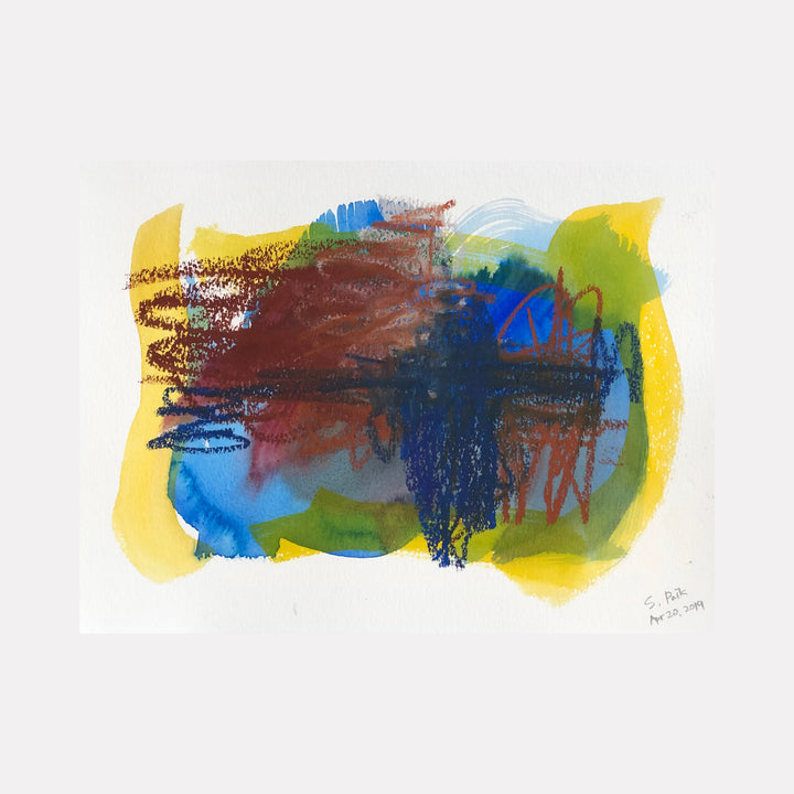 The artwork "BPAMX0093" by Saehyun Paik presents an abstract composition of overlapping shapes and textures in deep blues, earthy browns, vibrant yellows, and greens. The mixed media layers create a fluid, landscape-like impression with rhythmic, gestural marks reminiscent of Willem de Kooning’s energetic abstraction and the color blending found in Hans Hofmann’s works.