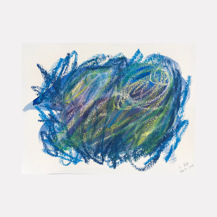 The artwork "BPAMX0095" by Saehyun Paik is an abstract landscape featuring a swirling blend of deep blues, greens, and subtle hints of violet. The textured, layered brushstrokes create a sense of movement and depth, evoking the organic spontaneity seen in Cy Twombly’s gestural works and the emotive color fields reminiscent of Helen Frankenthaler.