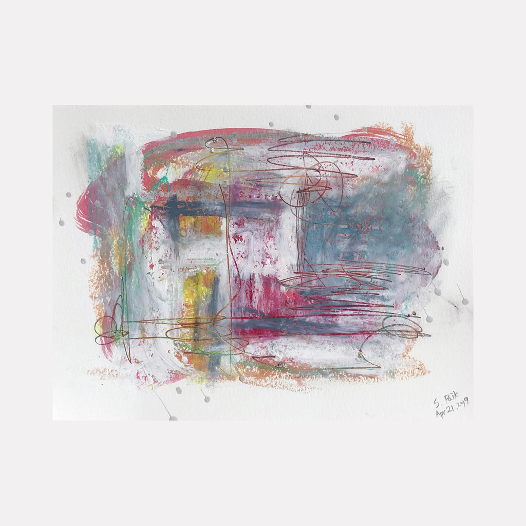 The artwork "BPAMX0096" by Saehyun Paik captures an abstract, layered composition with soft blues, grays, and muted reds blending into textured washes. Energetic scribbles and intersecting lines add complexity, evoking the gestural spontaneity of Cy Twombly and the subtle color interplay reminiscent of Helen Frankenthaler’s nuanced abstractions.