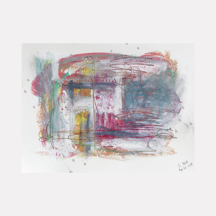 The artwork "BPAMX0096" by Saehyun Paik captures an abstract, layered composition with soft blues, grays, and muted reds blending into textured washes. Energetic scribbles and intersecting lines add complexity, evoking the gestural spontaneity of Cy Twombly and the subtle color interplay reminiscent of Helen Frankenthaler’s nuanced abstractions.