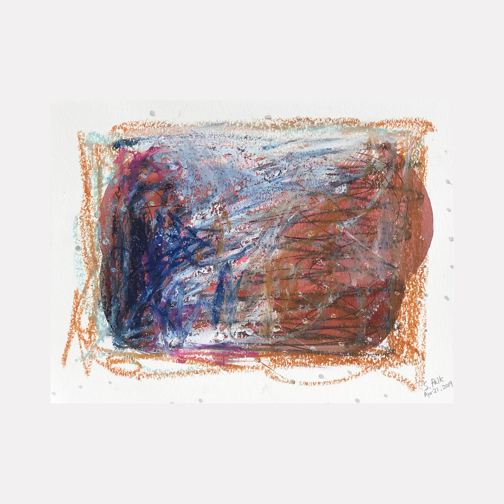 The artwork "BPAMX0097" by Saehyun Paik presents an abstract mixed media landscape featuring layered textures in deep browns, muted oranges, and vibrant purples. The expressive brushstrokes and swirling forms evoke the improvisational gestures of Cy Twombly and the earthy color sensibility found in works by Richard Diebenkorn.