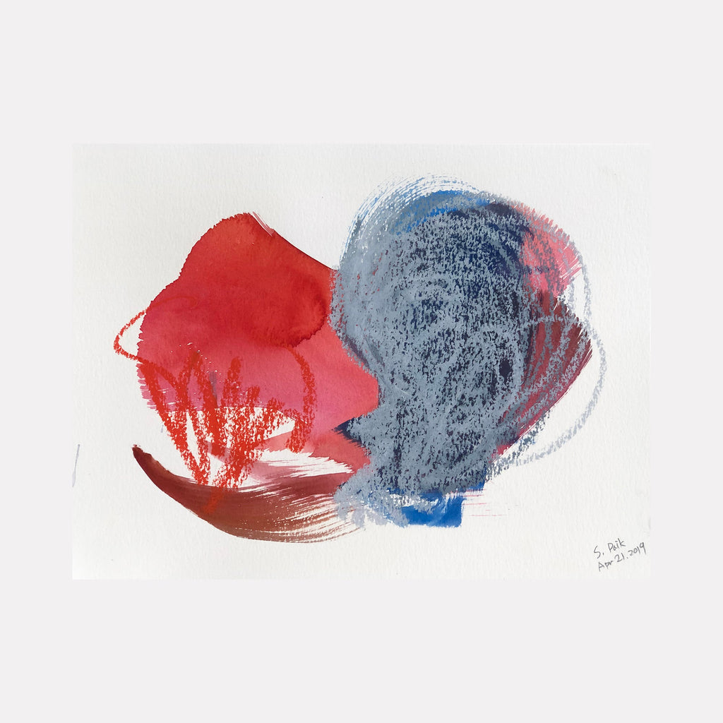 The artwork "BPAMX0098" by Saehyun Paik features an abstract interplay of bold red and deep blue forms with layered textures and expressive brushstrokes. The composition combines fluid washes with textured scribbles, evoking the gestural energy of Cy Twombly and the color contrasts reminiscent of Robert Motherwell’s abstractions.