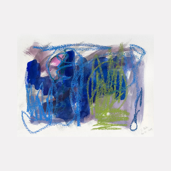 The artwork "BPAMX0100" by Saehyun Paik is an abstract mixed media piece featuring layered brushstrokes and scribbles in rich blues, muted purples, and bursts of green. The textured composition blends organic and geometric forms, evoking the expressive spontaneity of Cy Twombly and the atmospheric abstraction of Joan Mitchell.