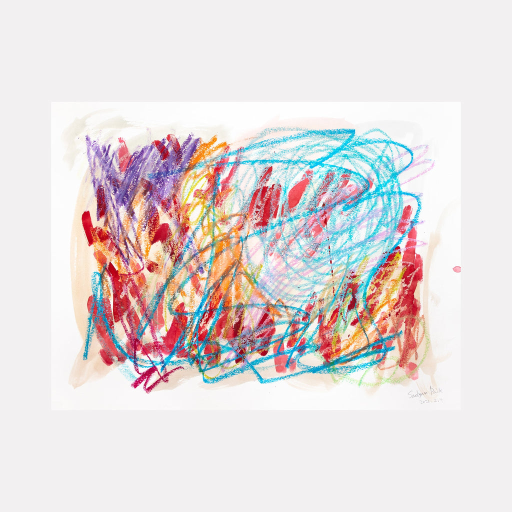 The artwork "BPAMX0128" by Saehyun Paik features an energetic composition of layered scribbles and strokes in vibrant blues, reds, purples, and oranges on a pale background. The dynamic, overlapping lines and textured brushwork evoke the playful abstraction of Cy Twombly and the spontaneous expressiveness of Joan Mitchell’s gestural paintings.
