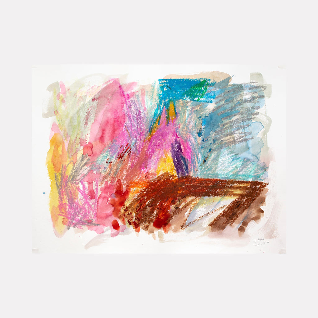 The artwork "BPAMX0132" by Saehyun Paik features an abstract landscape with vivid pinks, blues, oranges, and earthy browns layered through mixed media. Textured brushstrokes and dynamic washes create a vibrant composition reminiscent of the expressive spontaneity found in the works of Joan Mitchell and the color layering similar to Helen Frankenthaler.