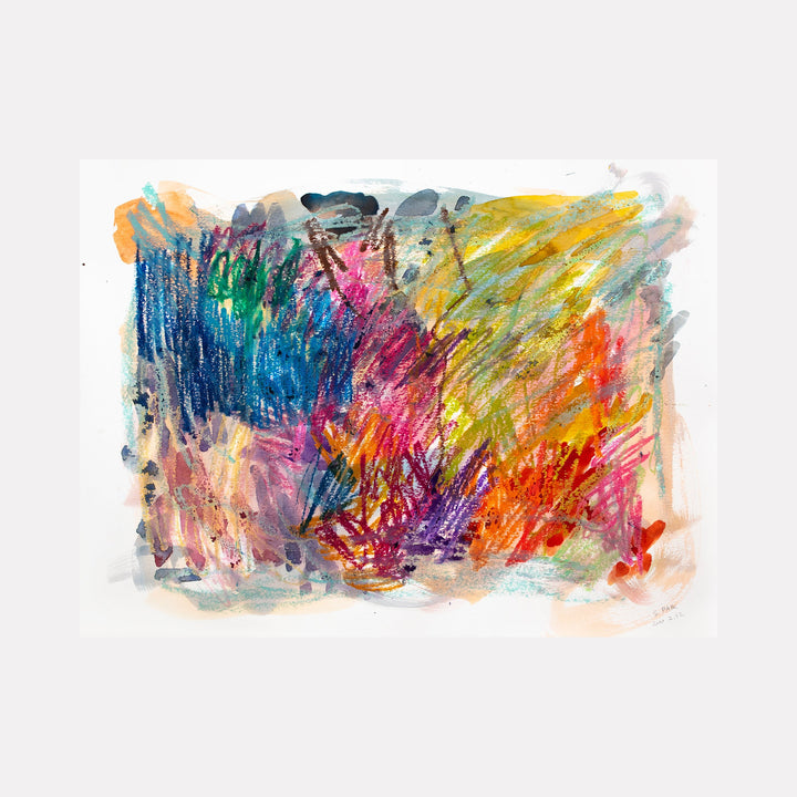 The artwork "BPAMX0133" by Saehyun Paik is a vibrant mixed media abstract landscape featuring dynamic strokes of bright yellows, oranges, deep blues, and purples. The energetic layering and textured brushwork evoke the expressive spontaneity of Cy Twombly and the vivid color interplay reminiscent of Joan Mitchell’s bold abstractions.