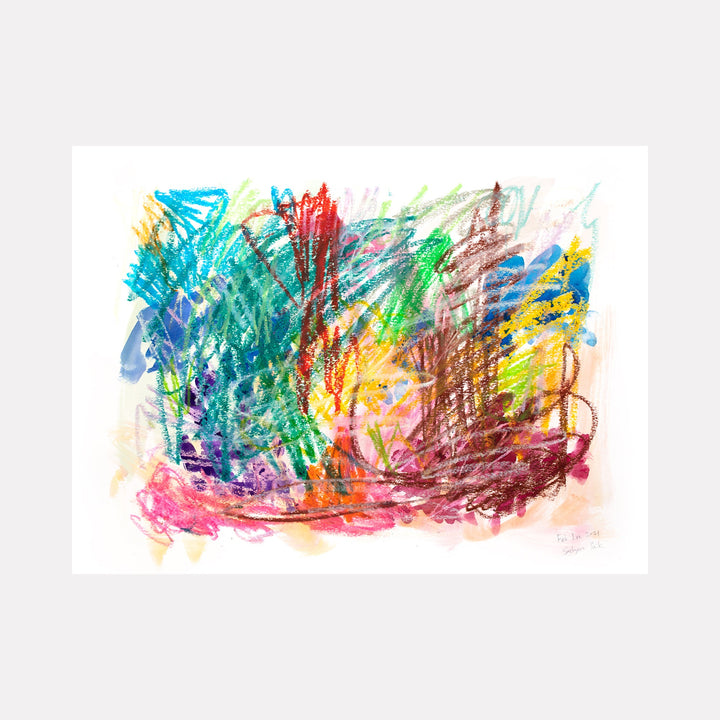 The artwork "BPAMX0127" by Saehyun Paik features an energetic abstract landscape rendered in mixed media with vivid strokes of turquoise, red, green, yellow, and magenta. The layered, textured composition recalls the spontaneous gesture of Cy Twombly and the colorful abstraction of Joan Mitchell, evoking a vibrant, expressive atmosphere.