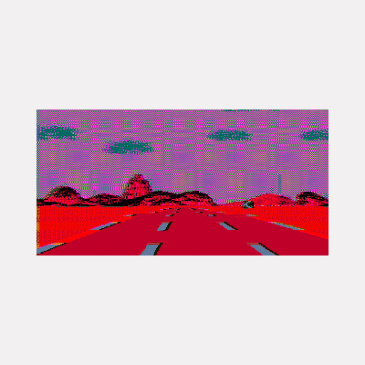 The artwork "BRAZIL" by Harold Herb presents a surreal landscape of a red roadway stretching toward rounded hills beneath a lavender sky punctuated by dark green clouds. Executed in mixed media with neon accents, it evokes the vivid color contrasts of Fauvist painters like Henri Matisse and the dreamlike quality reminiscent of early surrealists such as Yves Tanguy.