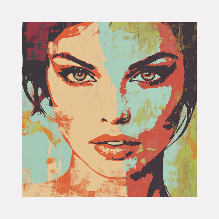 The artwork "Brown" by Claudia Sauter in gallery position 1 showcases a compelling mixed media portrait of a woman's face rendered with bold, contrasting patches of teal, rust, beige, and black. The distressed textures and graphic lines recall the emotive intensity of Jenny Saville combined with the modern edge of Shepard Fairey’s urban portraits.