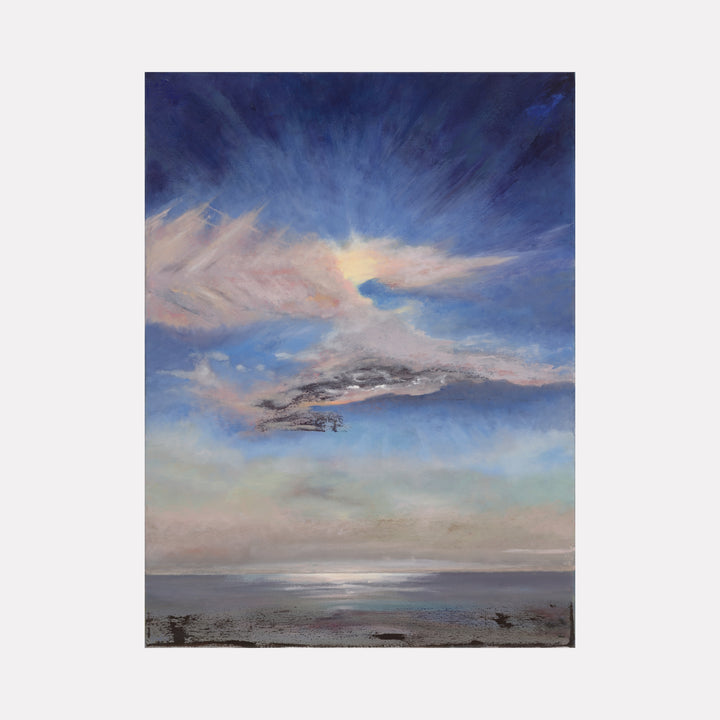 Burst Through by Nadia Parsons reveals a dramatic sky filled with radiant light breaking through layered clouds above a calm, reflective seascape, evoking a sense of hope and tranquility in this compelling landscape art piece.